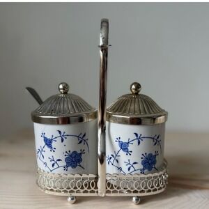 Vtg Leonard Silver Staffordshire Blue White Condiment Set w/ Spoons, England